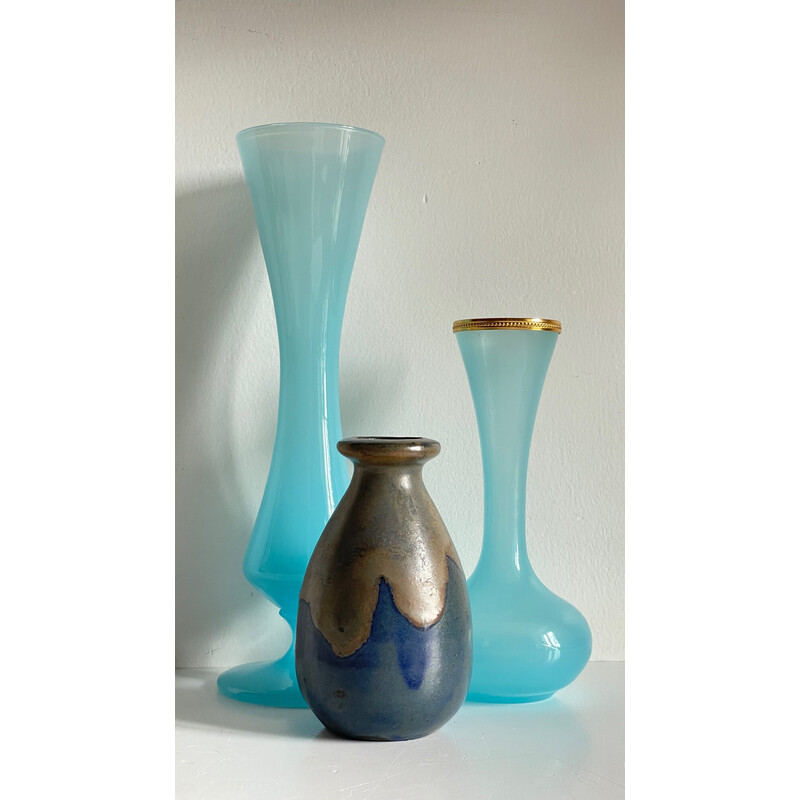 Lot de 3 vases vintage bleus en grès et verre opalin
