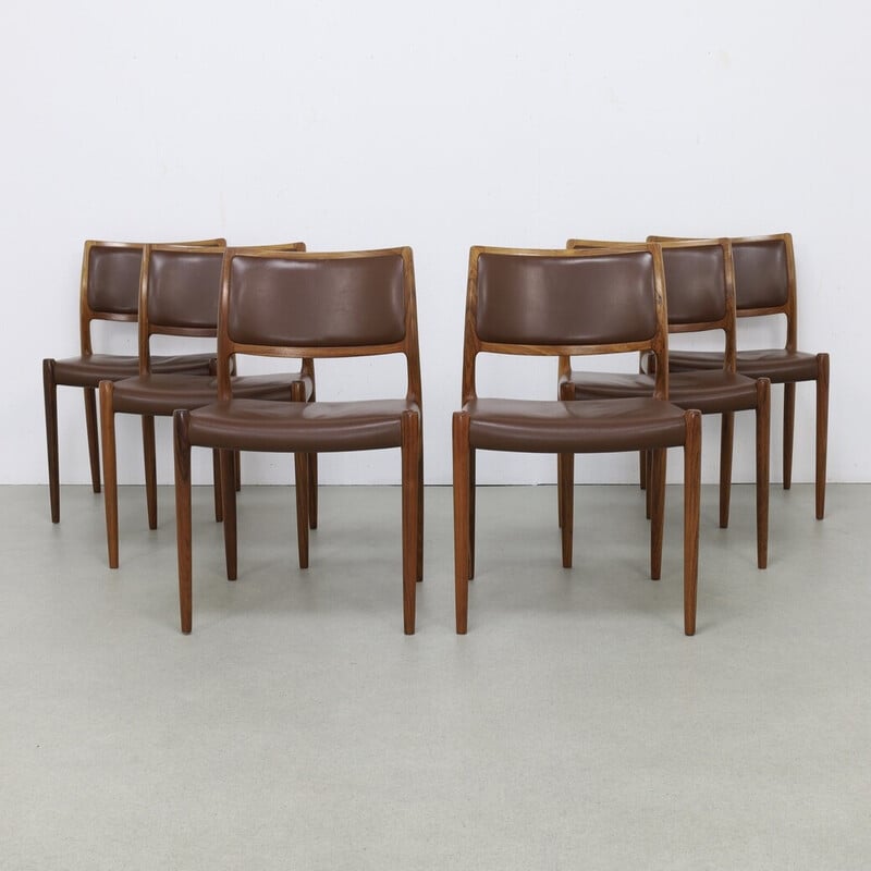 Lot de 6 chaises à repas vintage modèle 80 en cuir par Niels Møller pour J.L. Møllers Møbelfabrik, 1960