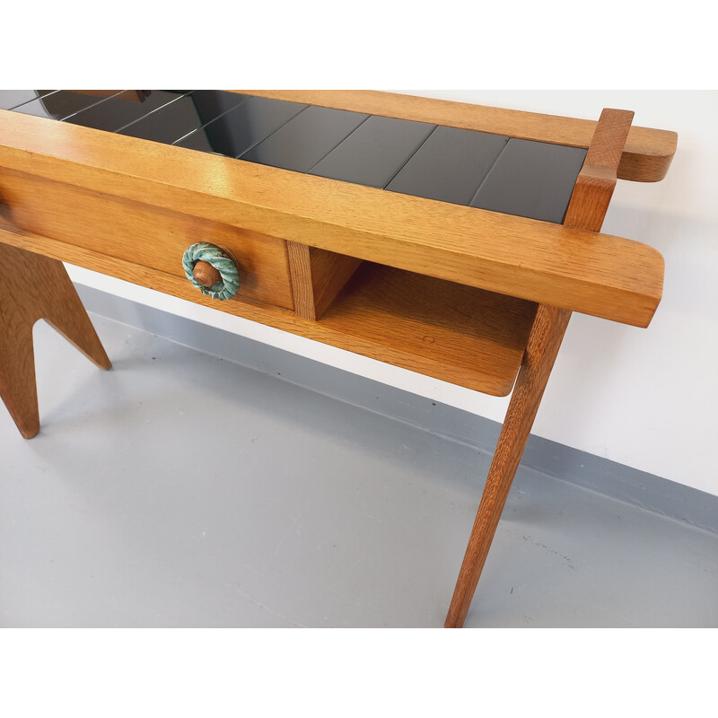 Vintage dressing table with mirror in solid oak and ceramic by Robert Guillerme and Jacques Chambron for Vous Maison, 1960