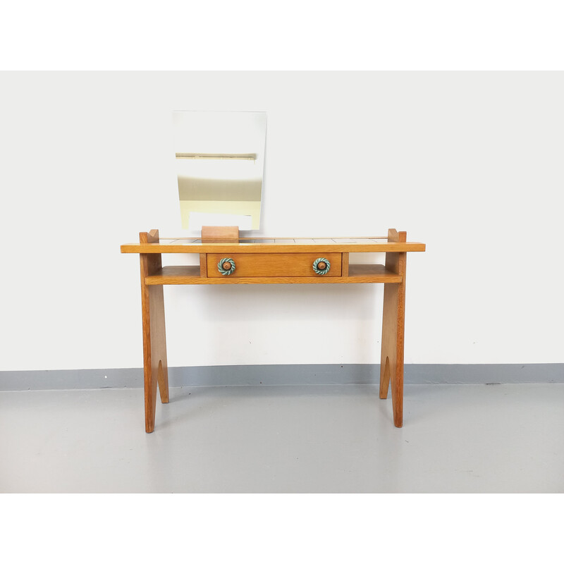 Vintage dressing table with mirror in solid oak and ceramic by Robert Guillerme and Jacques Chambron for Vous Maison, 1960