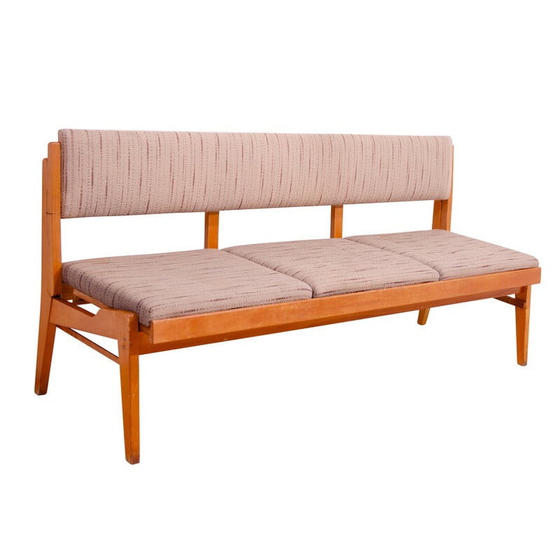 Banc vintage pliant en bois de hêtre et tissu, Tchécoslovaquie 1960