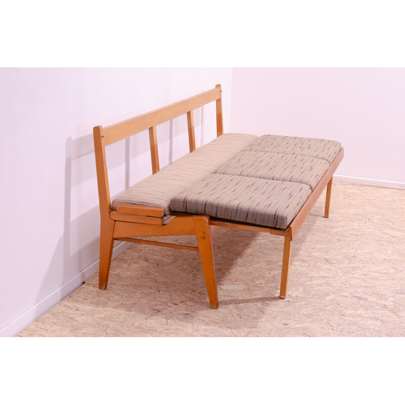 Vintage folding bench in beech wood and fabric, Czechoslovakia 1960