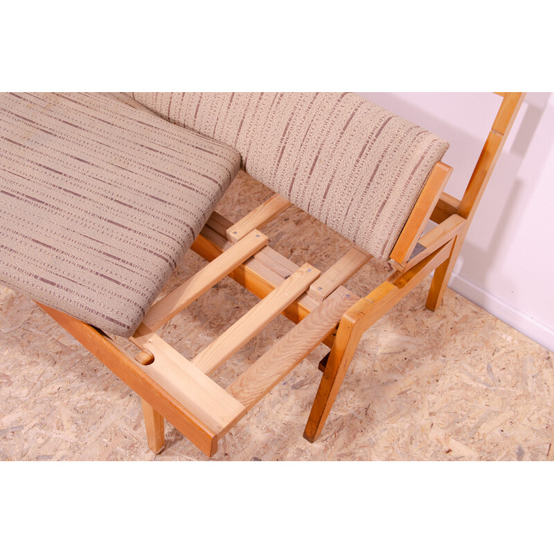 Vintage folding bench in beech wood and fabric, Czechoslovakia 1960