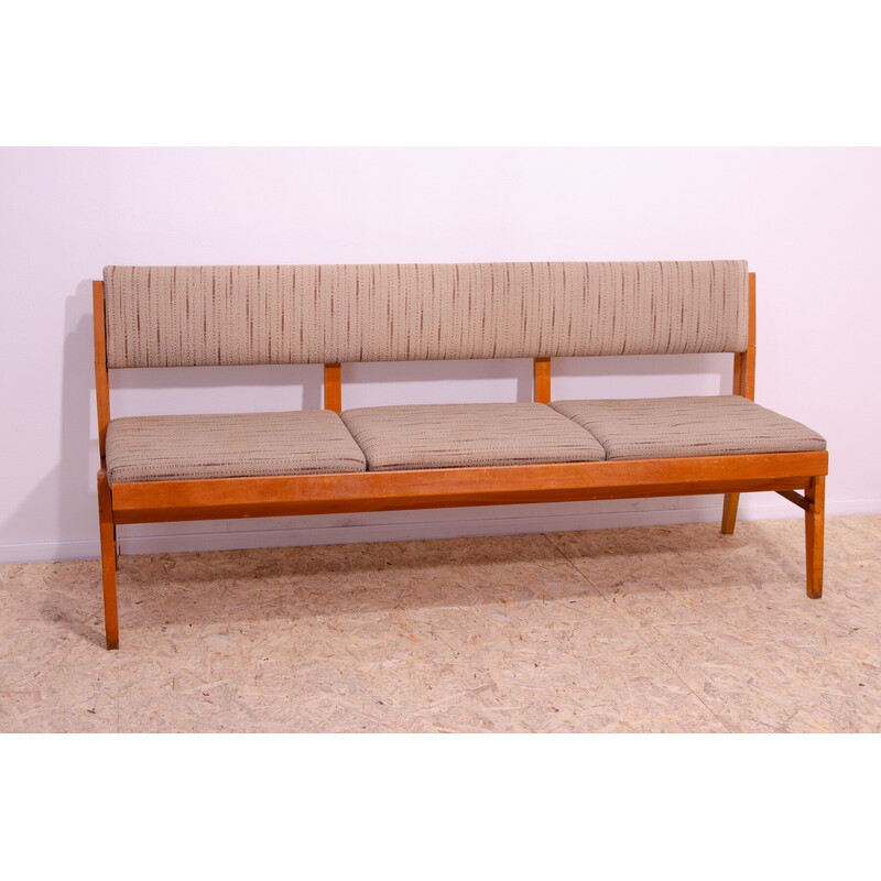 Vintage folding bench in beech wood and fabric, Czechoslovakia 1960