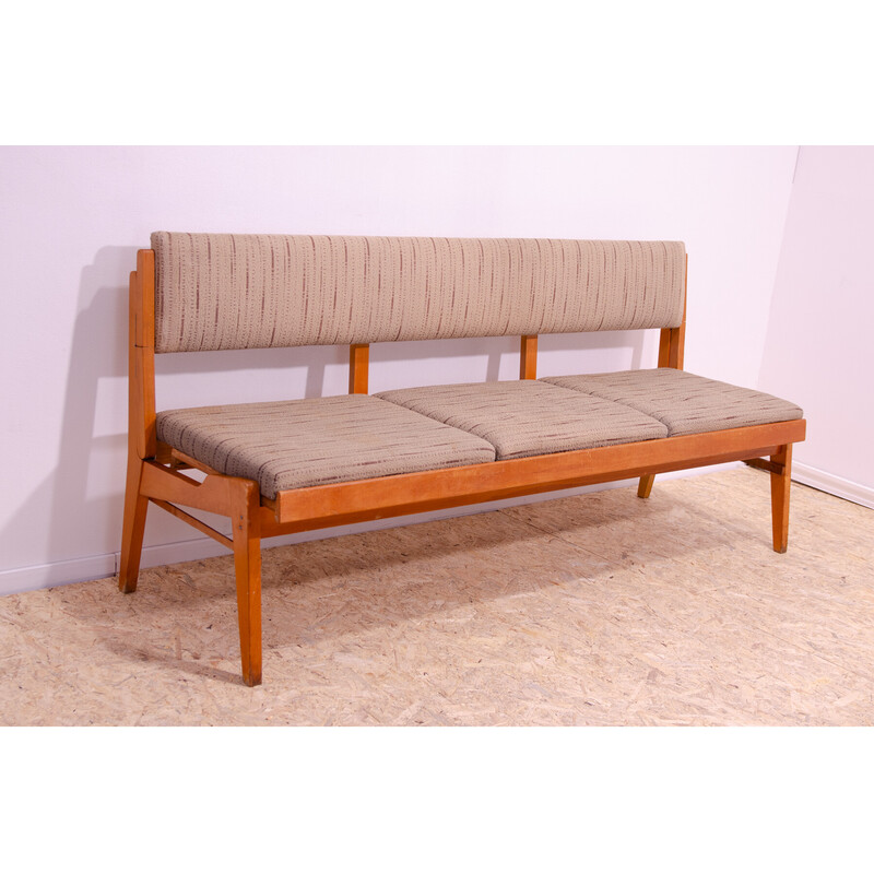 Vintage folding bench in beech wood and fabric, Czechoslovakia 1960