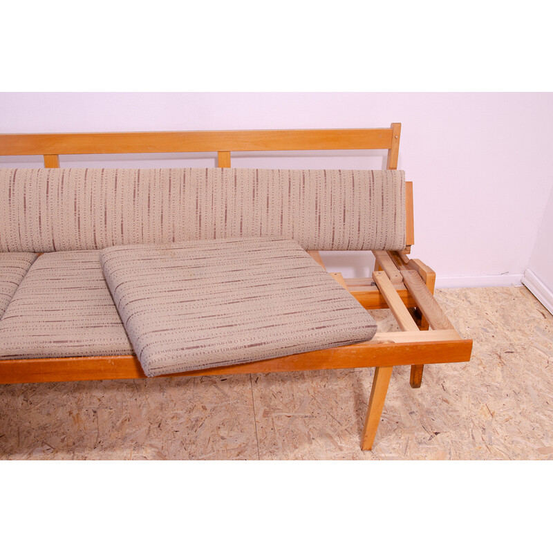 Vintage folding bench in beech wood and fabric, Czechoslovakia 1960