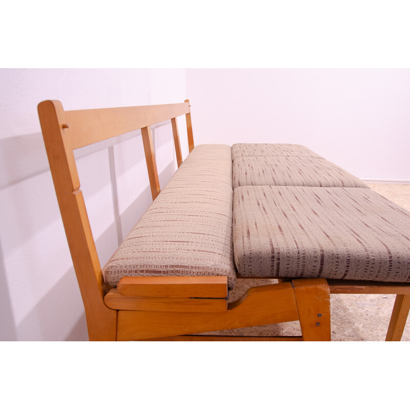 Vintage folding bench in beech wood and fabric, Czechoslovakia 1960