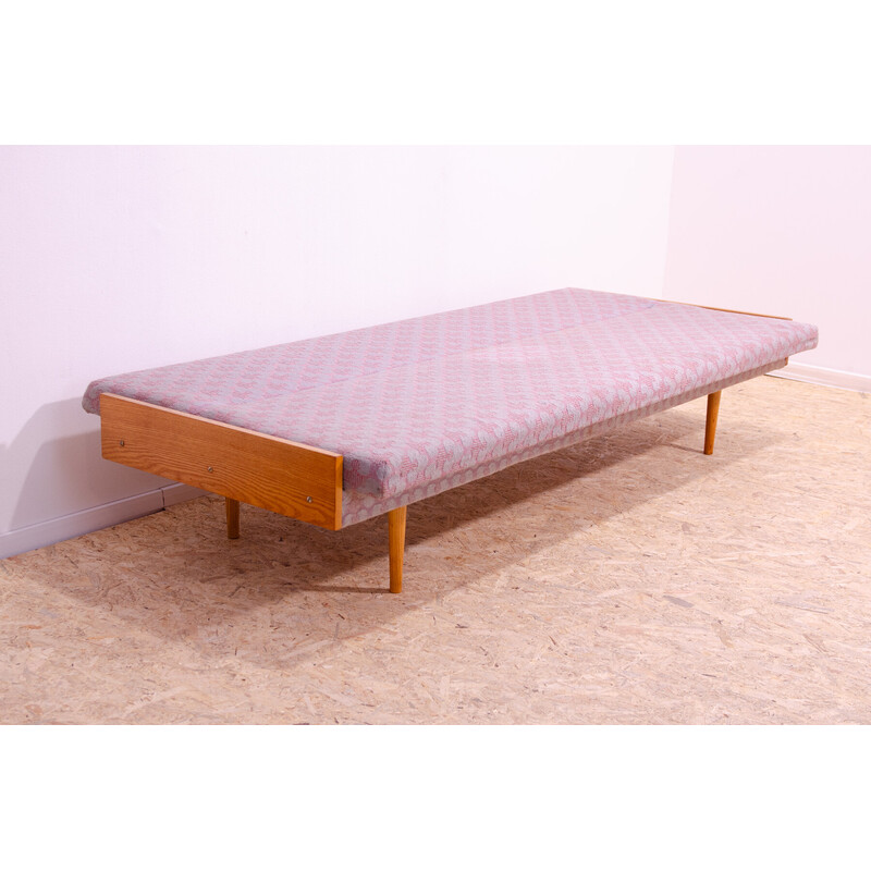 Vintage sofa bed in beech wood and fabric, Czechoslovakia 1960