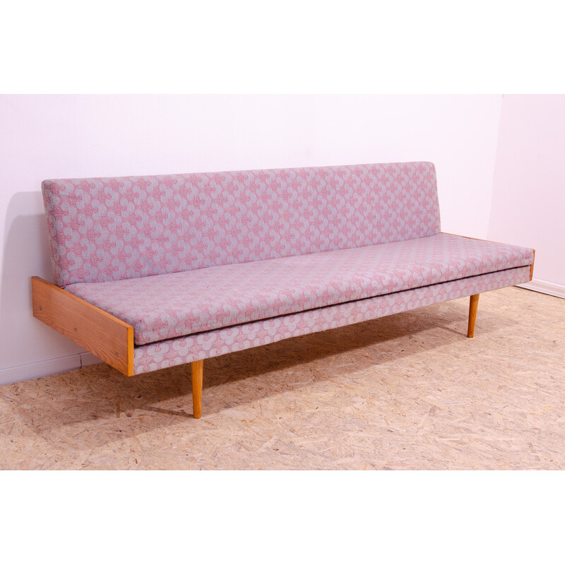 Vintage sofa bed in beech wood and fabric, Czechoslovakia 1960