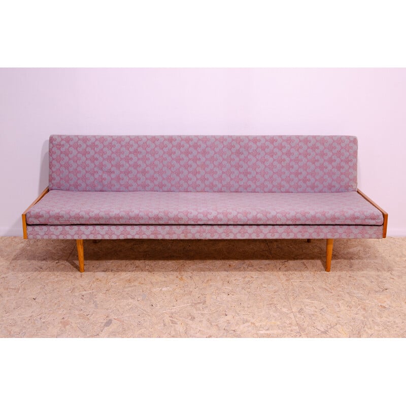 Vintage sofa bed in beech wood and fabric, Czechoslovakia 1960