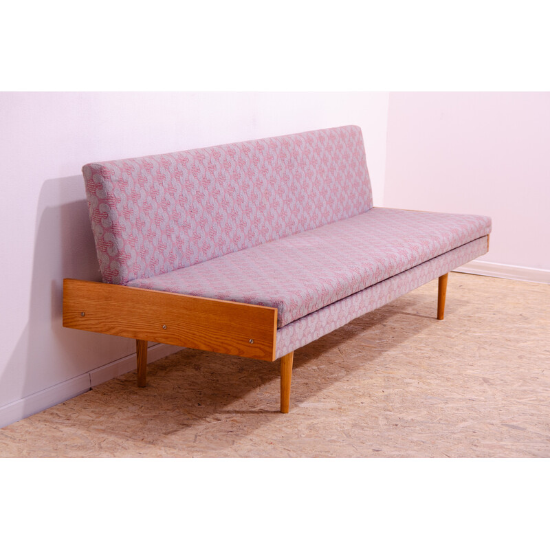 Vintage sofa bed in beech wood and fabric, Czechoslovakia 1960