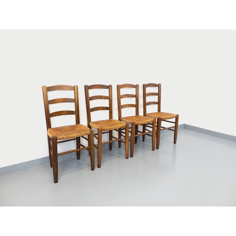 Set van 4 vintage stoelen van hout en stro, 1960