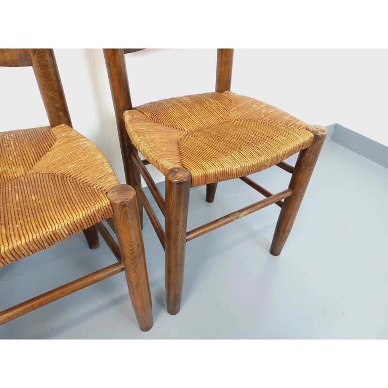 Lot de 4 chaises vintage en bois et paille, 1960