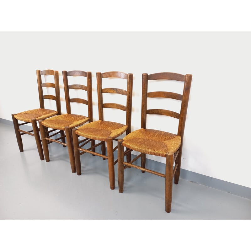 Juego de 4 sillas vintage de madera y paja, 1960