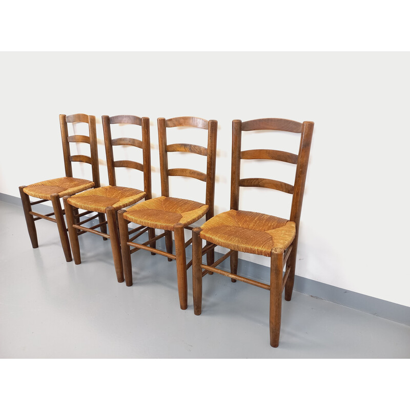 Satz von 4 Vintage-Stühlen aus Holz und Stroh, 1960