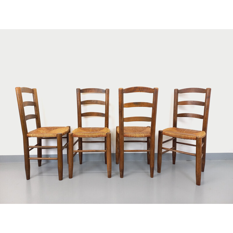Conjunto de 4 cadeiras vintage em madeira e palha, 1960