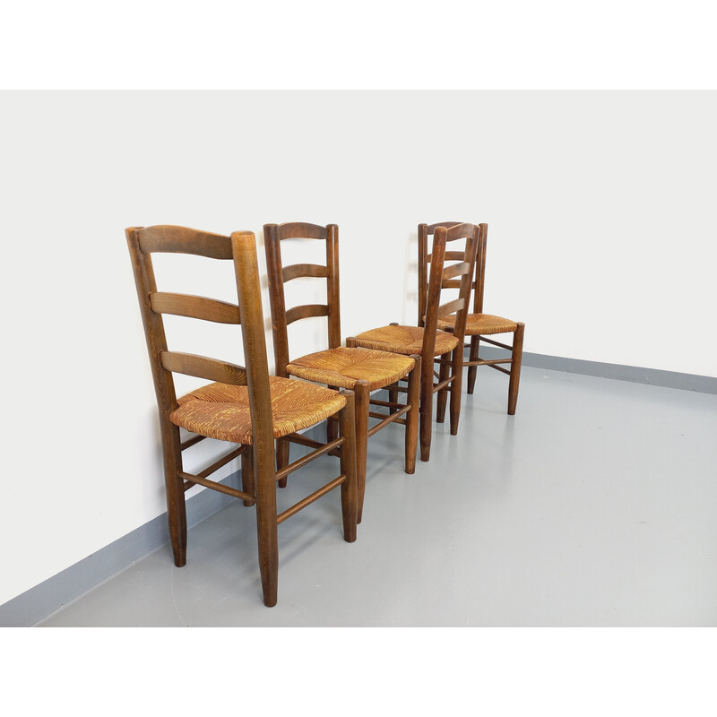 Juego de 4 sillas vintage de madera y paja, 1960