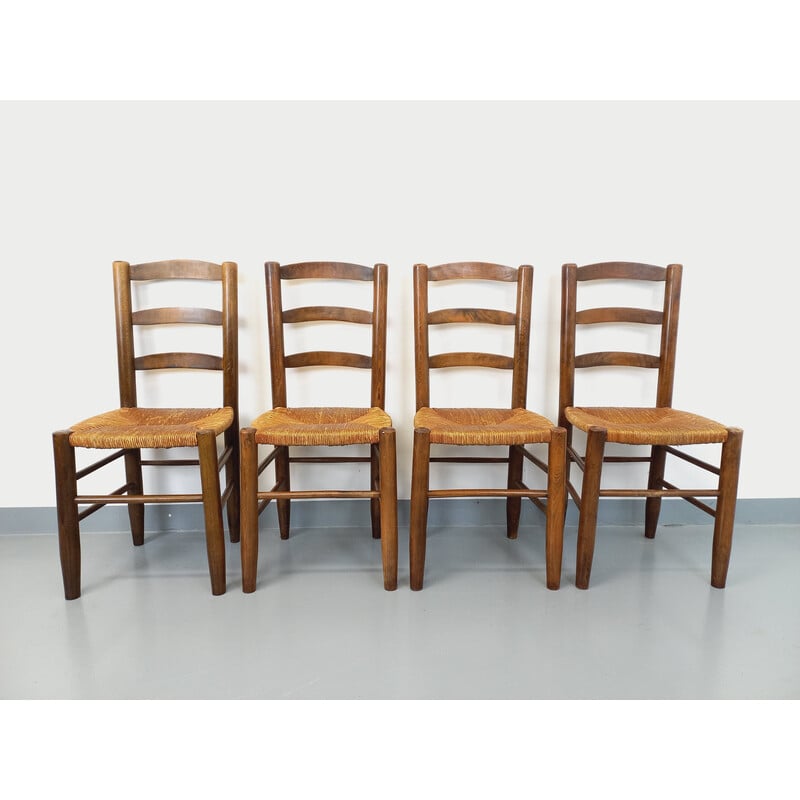 Satz von 4 Vintage-Stühlen aus Holz und Stroh, 1960