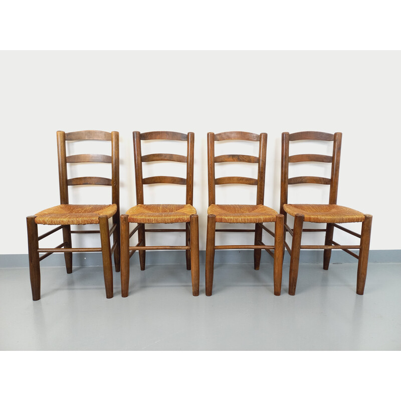 Set di 4 sedie vintage in legno e paglia, 1960