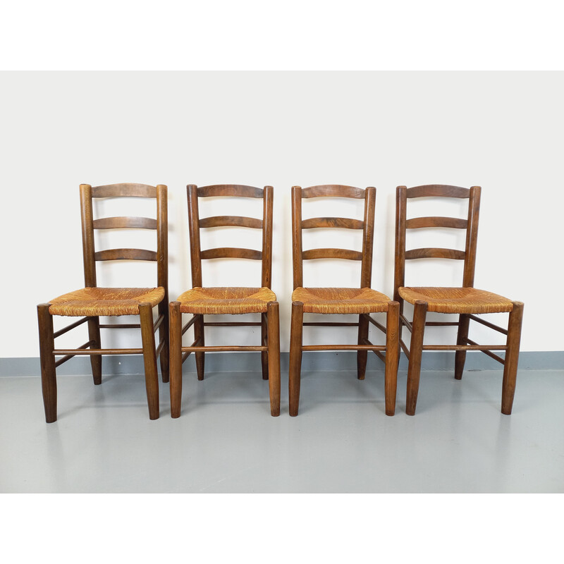 Set of 4 vintage chairs in wood and straw, 1960