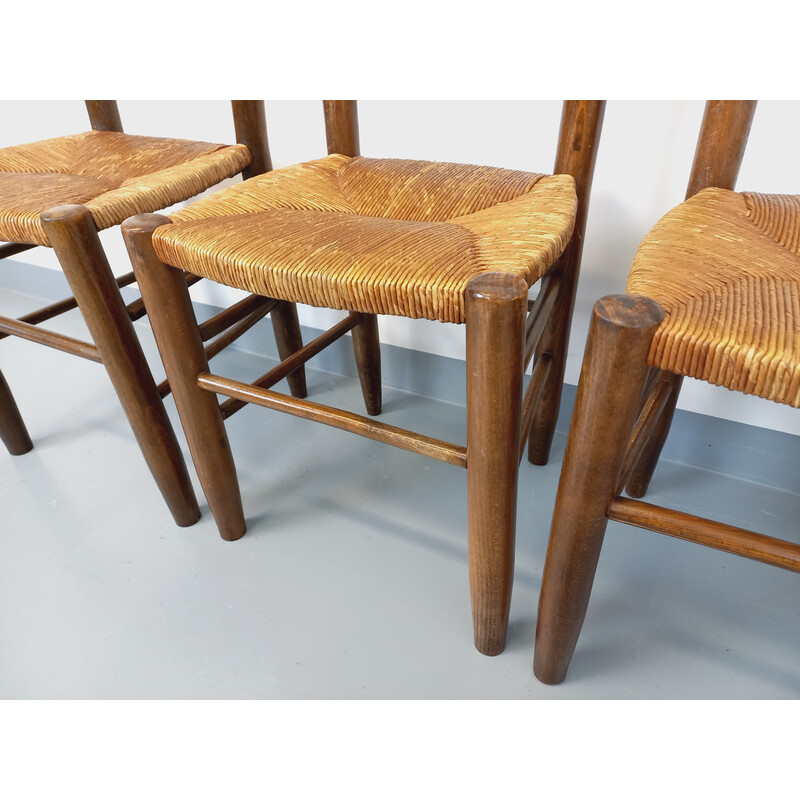 Set of 4 vintage chairs in wood and straw, 1960