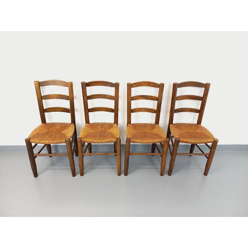 Lot de 4 chaises vintage en bois et paille, 1960