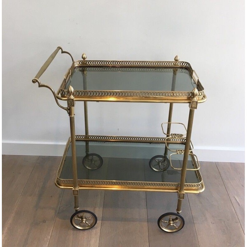 Vintage rolling table in brass and blue glass for La Maison Jansen, France 1940