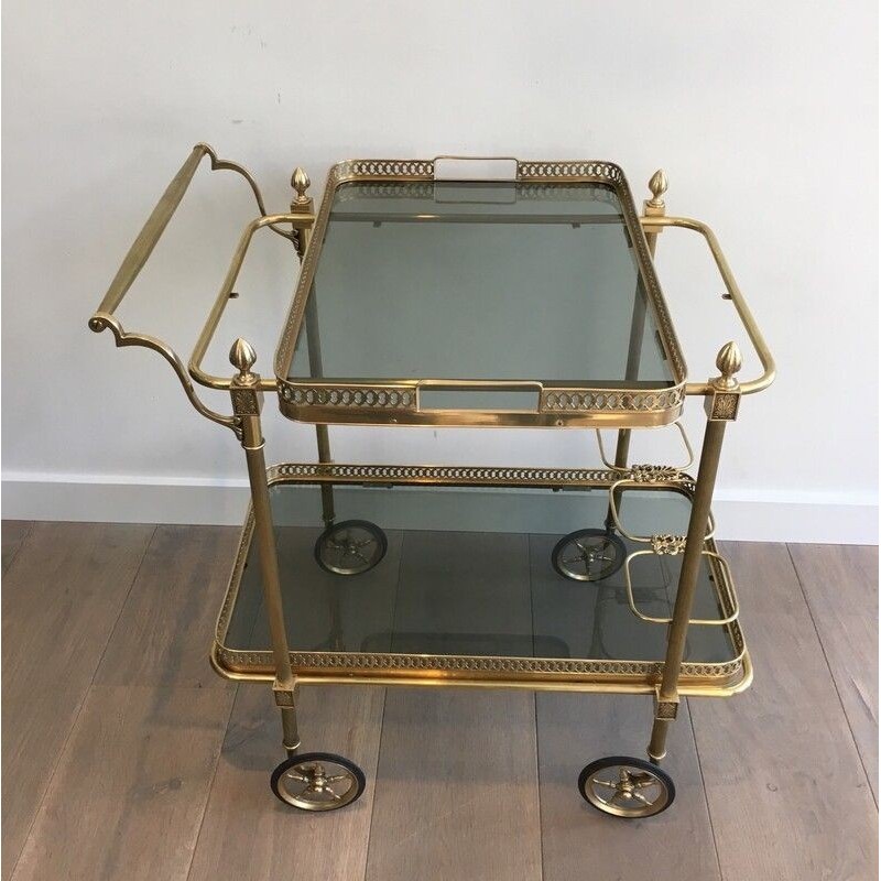 Vintage rolling table in brass and blue glass for La Maison Jansen, France 1940