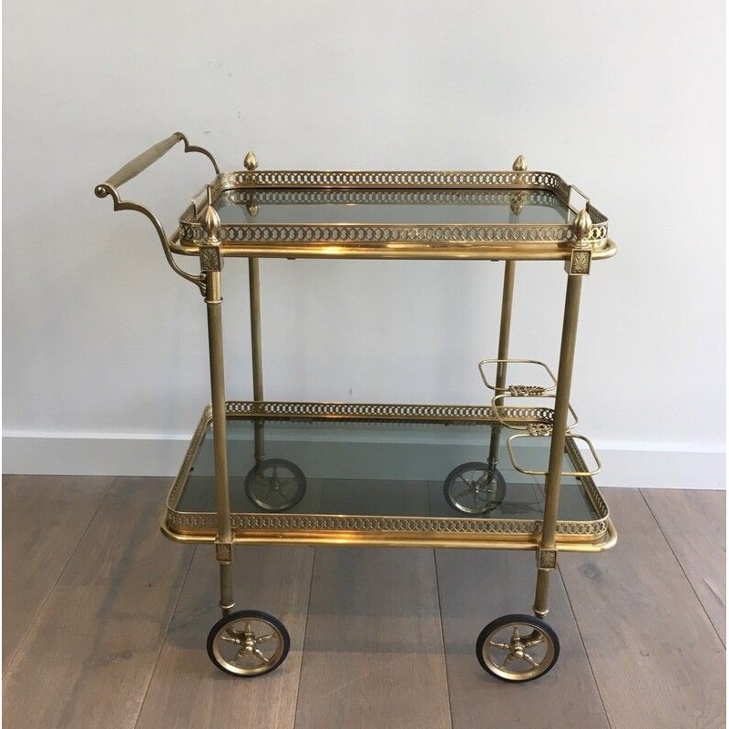 Vintage rolling table in brass and blue glass for La Maison Jansen, France 1940