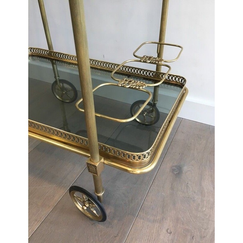 Vintage rolling table in brass and blue glass for La Maison Jansen, France 1940