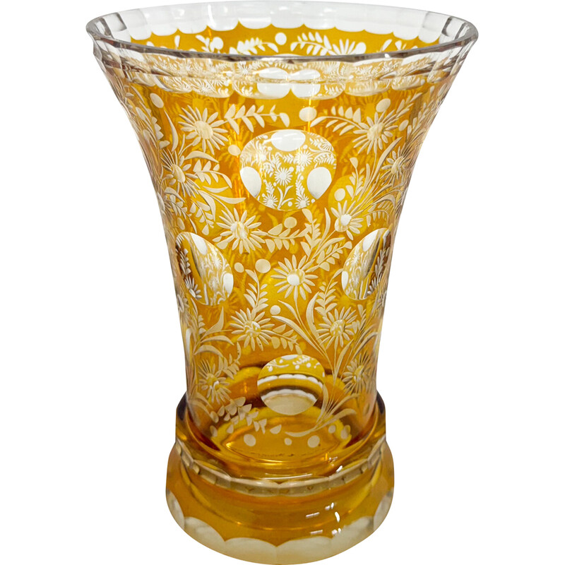 Vaso vintage in vetro trasparente con motivo floreale, Cecoslovacchia
