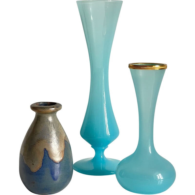 Set aus 3 blauen Vintage-Vasen aus Steingut und Opalglas