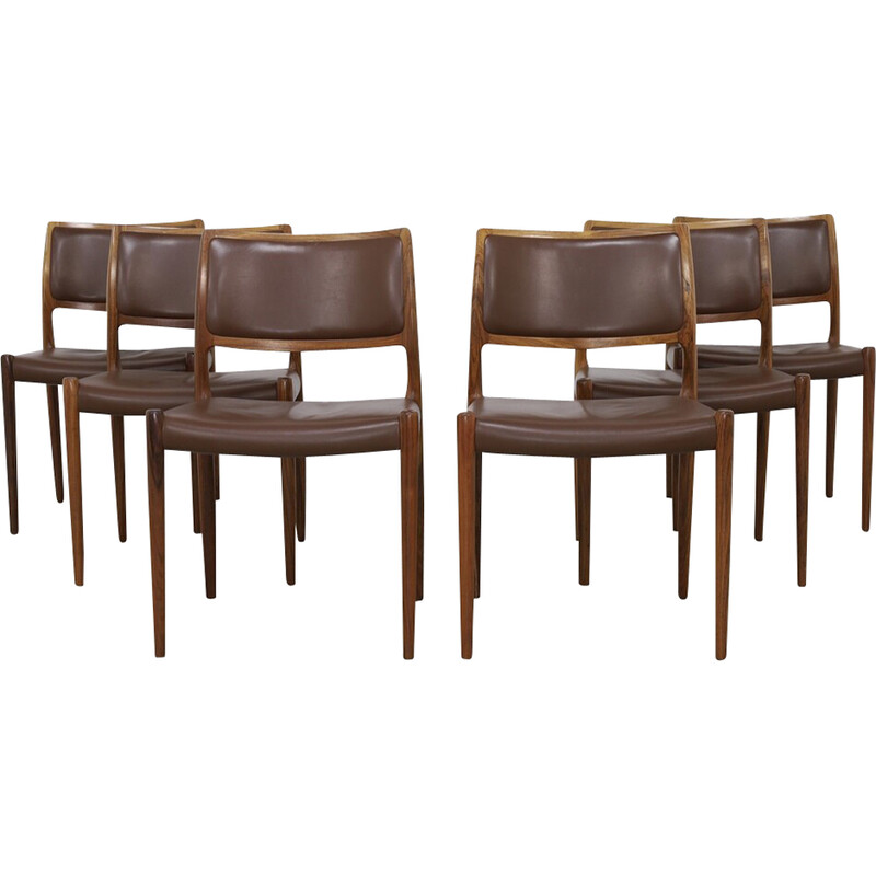 Set of 6 vintage model 80 leather dining chairs by Niels Møller for J.L. Møllers Møbelfabrik, 1960