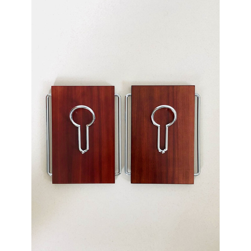 Pair of vintage rosewood and chrome coat hooks, Italy 1970
