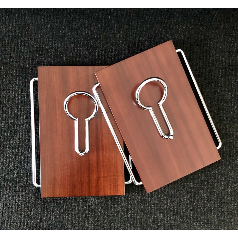 Pair of vintage rosewood and chrome coat hooks, Italy 1970