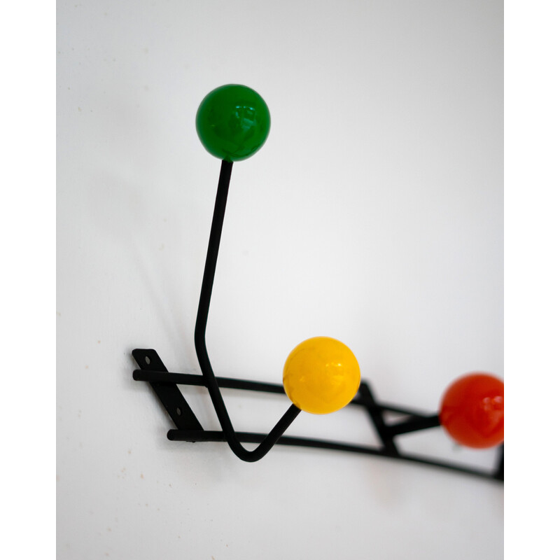Vintage coat rack in black lacquered iron and wood by Roger Feraud, France 1950