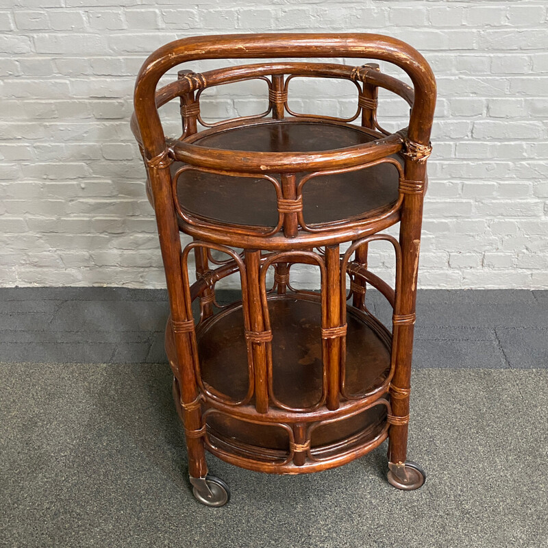 Vintage 2-tier rattan and bamboo bar cart, Italy 1960