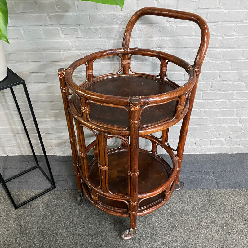 Vintage 2-tier rattan and bamboo bar cart, Italy 1960