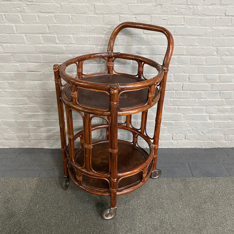 Vintage 2-tier rattan and bamboo bar cart, Italy 1960