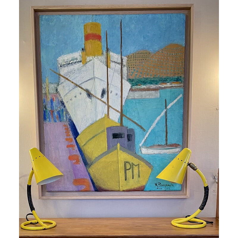 Vintage painting representing the port of Ibiza by Raymonde Pagegie