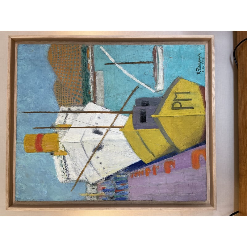 Vintage painting representing the port of Ibiza by Raymonde Pagegie