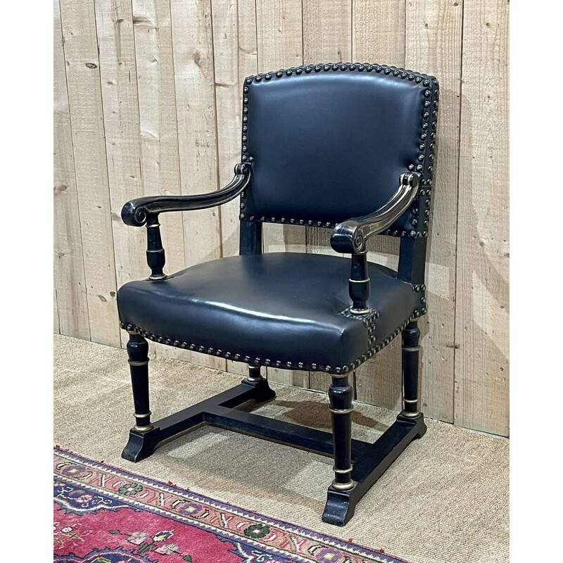 Vintage-Sessel aus geschwärztem Holz und schwarzem Leder, England 1950