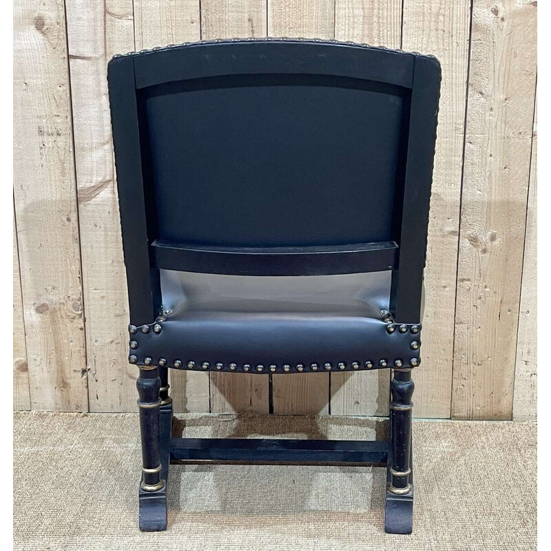 Vintage fauteuil in gezwart hout en zwart leer, Engeland 1950