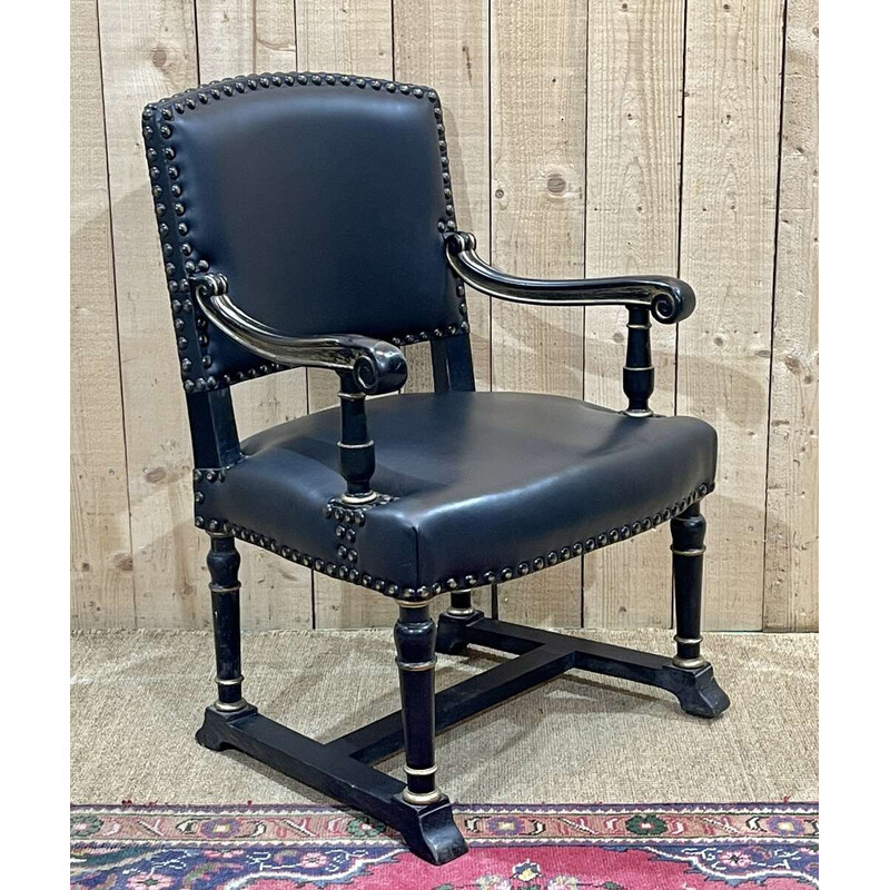 Vintage armchair in ebonized wood and black leather, England 1950