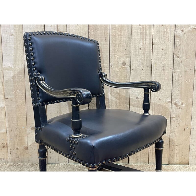 Vintage armchair in ebonized wood and black leather, England 1950