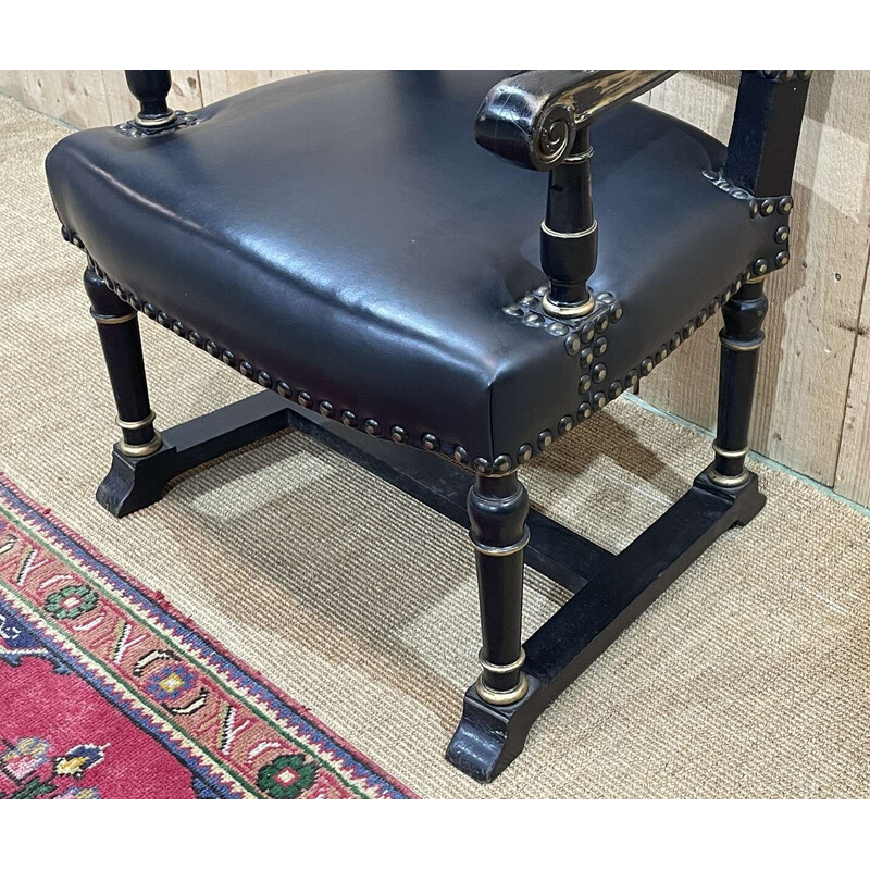 Vintage armchair in ebonized wood and black leather, England 1950