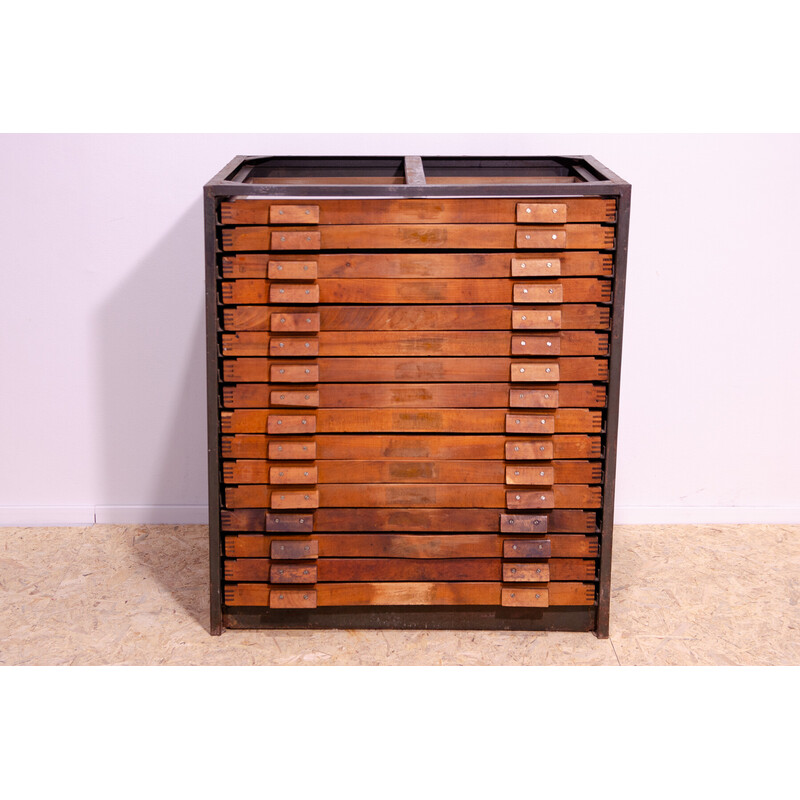 Vintage industrial chest of drawers in wood and iron, Czechoslovakia 1970