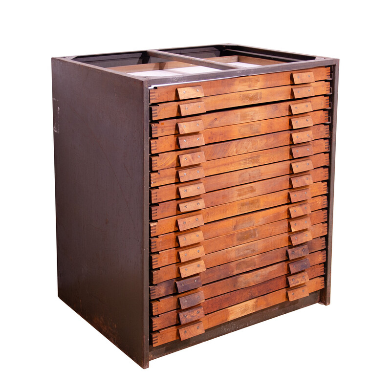 Vintage industrial chest of drawers in wood and iron, Czechoslovakia 1970