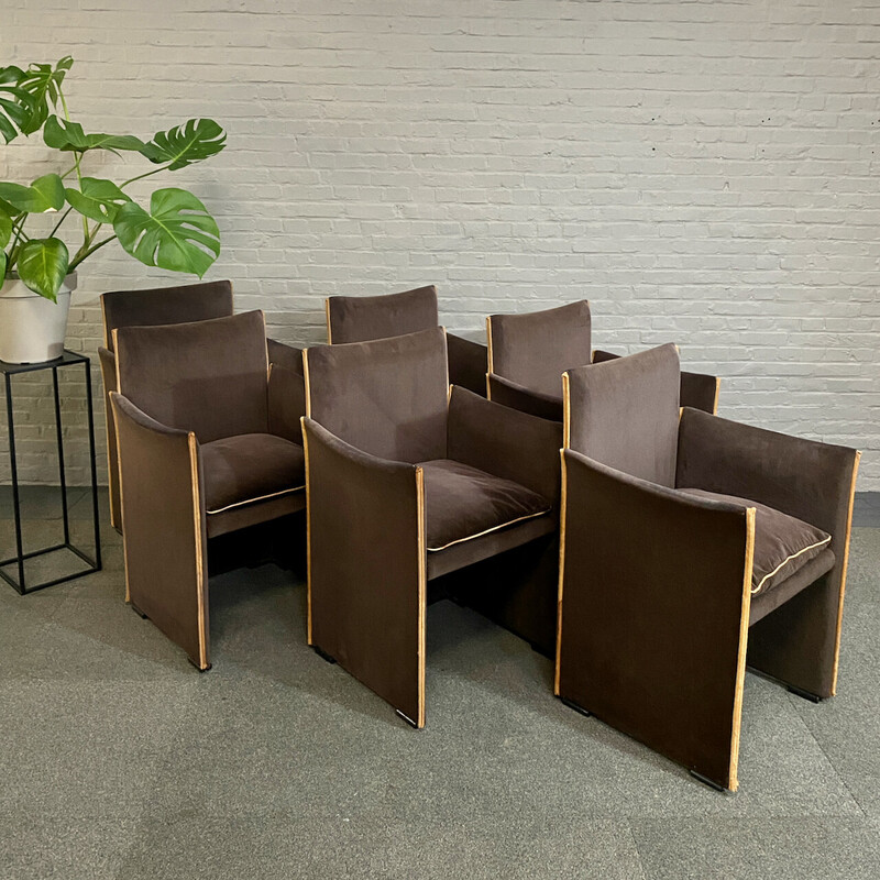 Set of 6 vintage 401 pause dining chairs in leather and velvet by Mario Bellini for Cassina, Italy 1970
