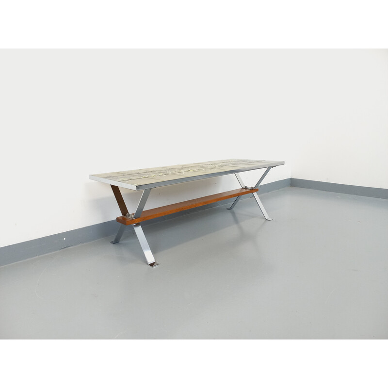 Vintage rectangular coffee table in ceramic and chrome metal and wood by Adri, 1970